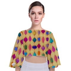 Colorful Background Stones Jewels Tie Back Butterfly Sleeve Chiffon Top