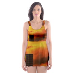 City Sun Clouds Smog Sky Yellow Skater Dress Swimsuit