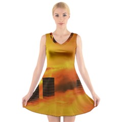 City Sun Clouds Smog Sky Yellow V-neck Sleeveless Dress by HermanTelo