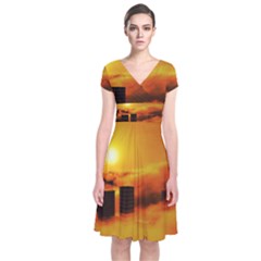 City Sun Clouds Smog Sky Yellow Short Sleeve Front Wrap Dress by HermanTelo