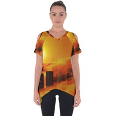 City Sun Clouds Smog Sky Yellow Cut Out Side Drop Tee