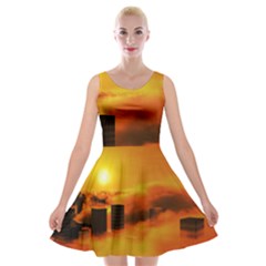 City Sun Clouds Smog Sky Yellow Velvet Skater Dress