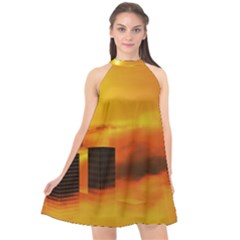 City Sun Clouds Smog Sky Yellow Halter Neckline Chiffon Dress 