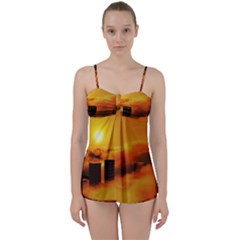 City Sun Clouds Smog Sky Yellow Babydoll Tankini Set by HermanTelo