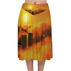 City Sun Clouds Smog Sky Yellow Velvet Flared Midi Skirt