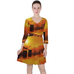 City Sun Clouds Smog Sky Yellow Ruffle Dress by HermanTelo