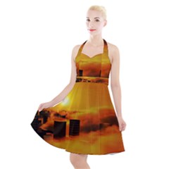 City Sun Clouds Smog Sky Yellow Halter Party Swing Dress  by HermanTelo