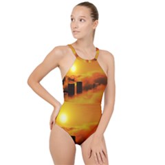 City Sun Clouds Smog Sky Yellow High Neck One Piece Swimsuit by HermanTelo