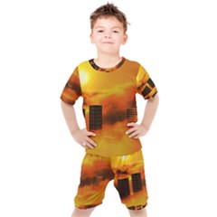 City Sun Clouds Smog Sky Yellow Kids  Tee And Shorts Set