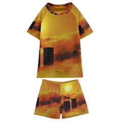 City Sun Clouds Smog Sky Yellow Kids  Swim Tee And Shorts Set