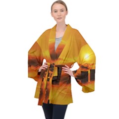 City Sun Clouds Smog Sky Yellow Velvet Kimono Robe