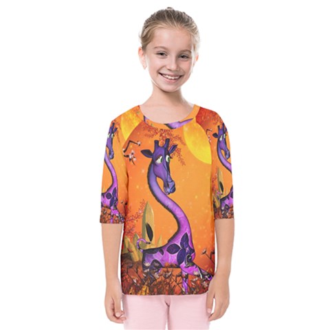 Funny Giraffe In The Night Kids  Quarter Sleeve Raglan Tee by FantasyWorld7