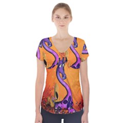 Funny Giraffe In The Night Short Sleeve Front Detail Top by FantasyWorld7