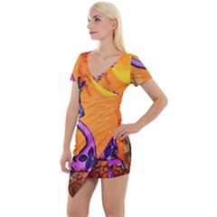 Funny Giraffe In The Night Short Sleeve Asymmetric Mini Dress by FantasyWorld7