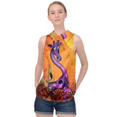 Funny Giraffe In The Night High Neck Satin Top by FantasyWorld7