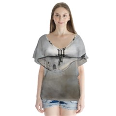 Awesome Whale In The Sky V-neck Flutter Sleeve Top by FantasyWorld7