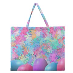 Eggs Happy Easter Rainbow Zipper Large Tote Bag