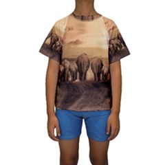 Elephant Dust Road Africa Savannah Kids  Short Sleeve Swimwear