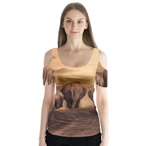 Elephant Dust Road Africa Savannah Butterfly Sleeve Cutout Tee  by HermanTelo