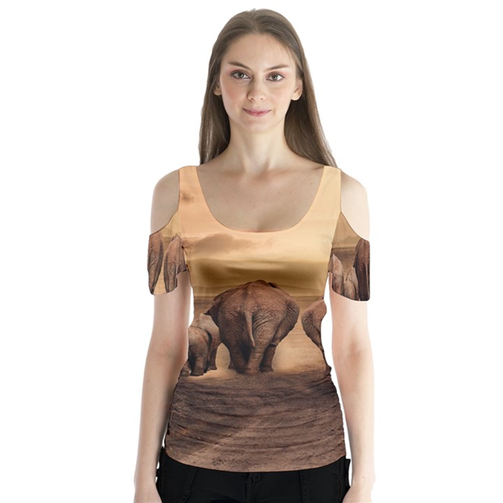 Elephant Dust Road Africa Savannah Butterfly Sleeve Cutout Tee 