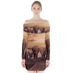 Elephant Dust Road Africa Savannah Long Sleeve Off Shoulder Dress