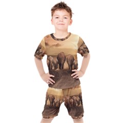 Elephant Dust Road Africa Savannah Kids  Tee And Shorts Set by HermanTelo