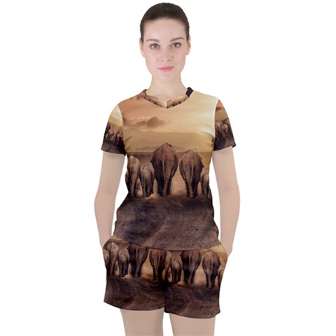 Elephant Dust Road Africa Savannah Women s Tee And Shorts Set by HermanTelo