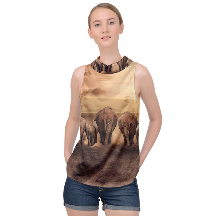 Elephant Dust Road Africa Savannah High Neck Satin Top