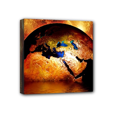 Earth Globe Water Fire Flame Mini Canvas 4  X 4  (stretched)