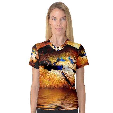 Earth Globe Water Fire Flame V-neck Sport Mesh Tee by HermanTelo