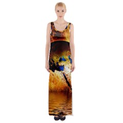 Earth Globe Water Fire Flame Maxi Thigh Split Dress