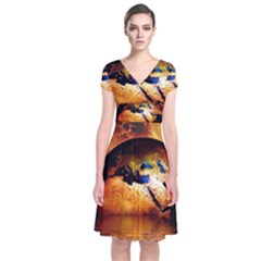 Earth Globe Water Fire Flame Short Sleeve Front Wrap Dress