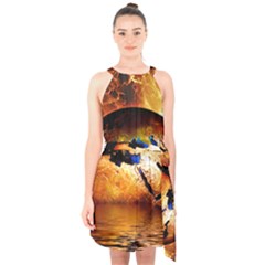 Earth Globe Water Fire Flame Halter Collar Waist Tie Chiffon Dress by HermanTelo