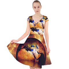 Earth Globe Water Fire Flame Cap Sleeve Front Wrap Midi Dress