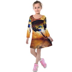 Earth Globe Water Fire Flame Kids  Long Sleeve Velvet Dress by HermanTelo