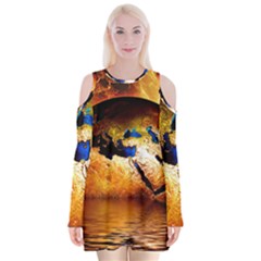 Earth Globe Water Fire Flame Velvet Long Sleeve Shoulder Cutout Dress by HermanTelo