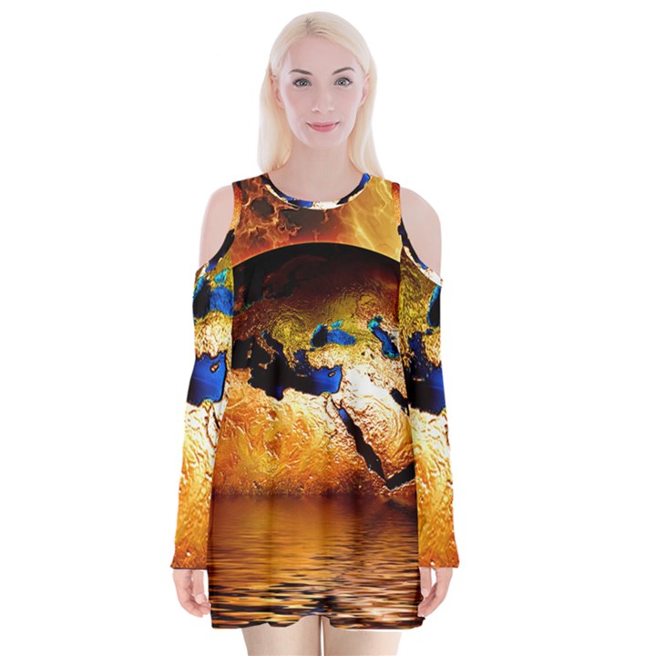 Earth Globe Water Fire Flame Velvet Long Sleeve Shoulder Cutout Dress