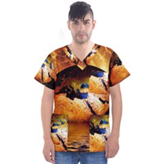 Earth Globe Water Fire Flame Men s V-neck Scrub Top