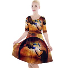 Earth Globe Water Fire Flame Quarter Sleeve A-line Dress by HermanTelo