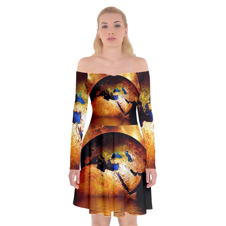 Earth Globe Water Fire Flame Off Shoulder Skater Dress