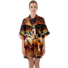 Earth Globe Water Fire Flame Quarter Sleeve Kimono Robe