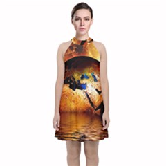 Earth Globe Water Fire Flame Velvet Halter Neckline Dress  by HermanTelo