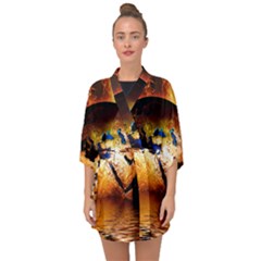 Earth Globe Water Fire Flame Half Sleeve Chiffon Kimono