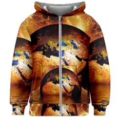 Earth Globe Water Fire Flame Kids  Zipper Hoodie Without Drawstring by HermanTelo