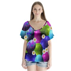 Eggs Happy Easter V-neck Flutter Sleeve Top