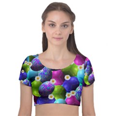 Eggs Happy Easter Velvet Short Sleeve Crop Top 