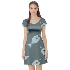 Fish Star Water Pattern Short Sleeve Skater Dress