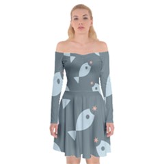 Fish Star Water Pattern Off Shoulder Skater Dress