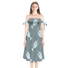 Fish Star Water Pattern Shoulder Tie Bardot Midi Dress