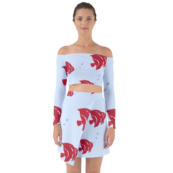 Fish Red Sea Water Swimming Off Shoulder Top with Skirt Set